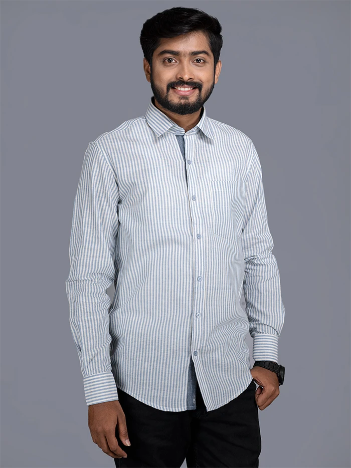 Handwoven Sky Blue Striped Cotton Men Shirt