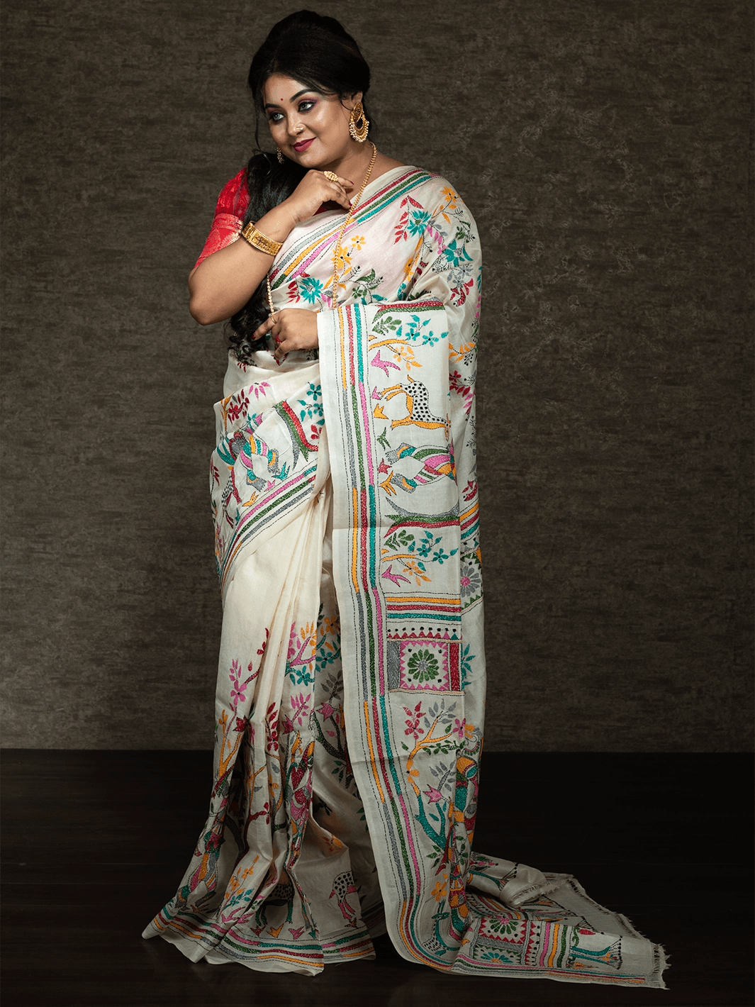 Elegant Kantha Stitch Tussar Silk Saree - WeaversIndia