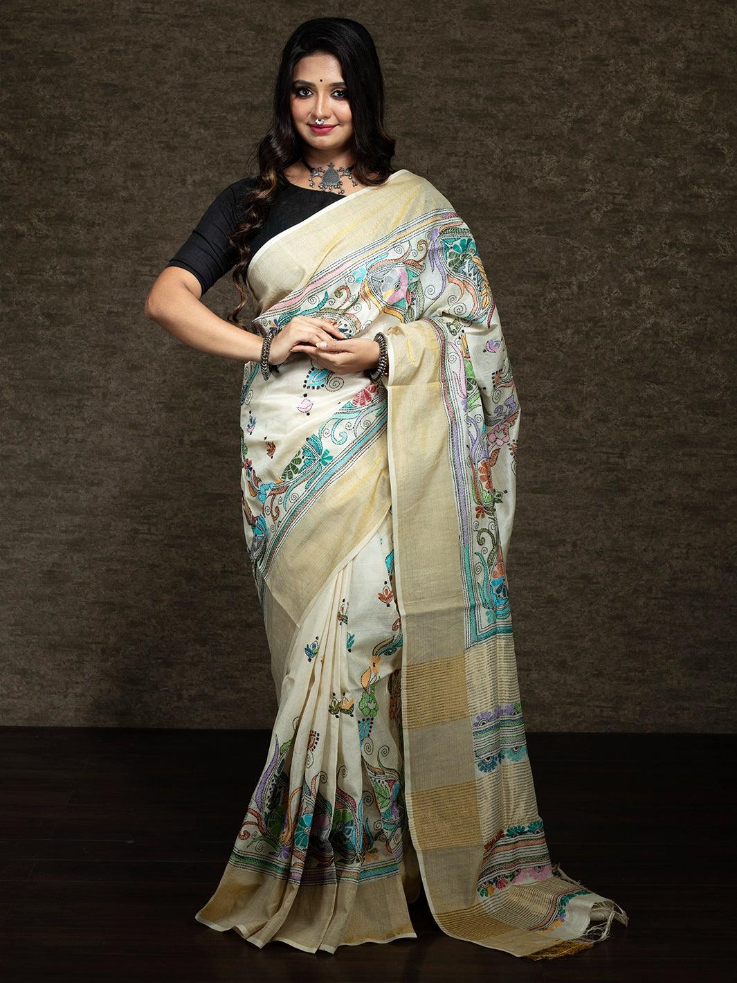 Elegant Kantha Stitch Tussar Silk Saree - WeaversIndia