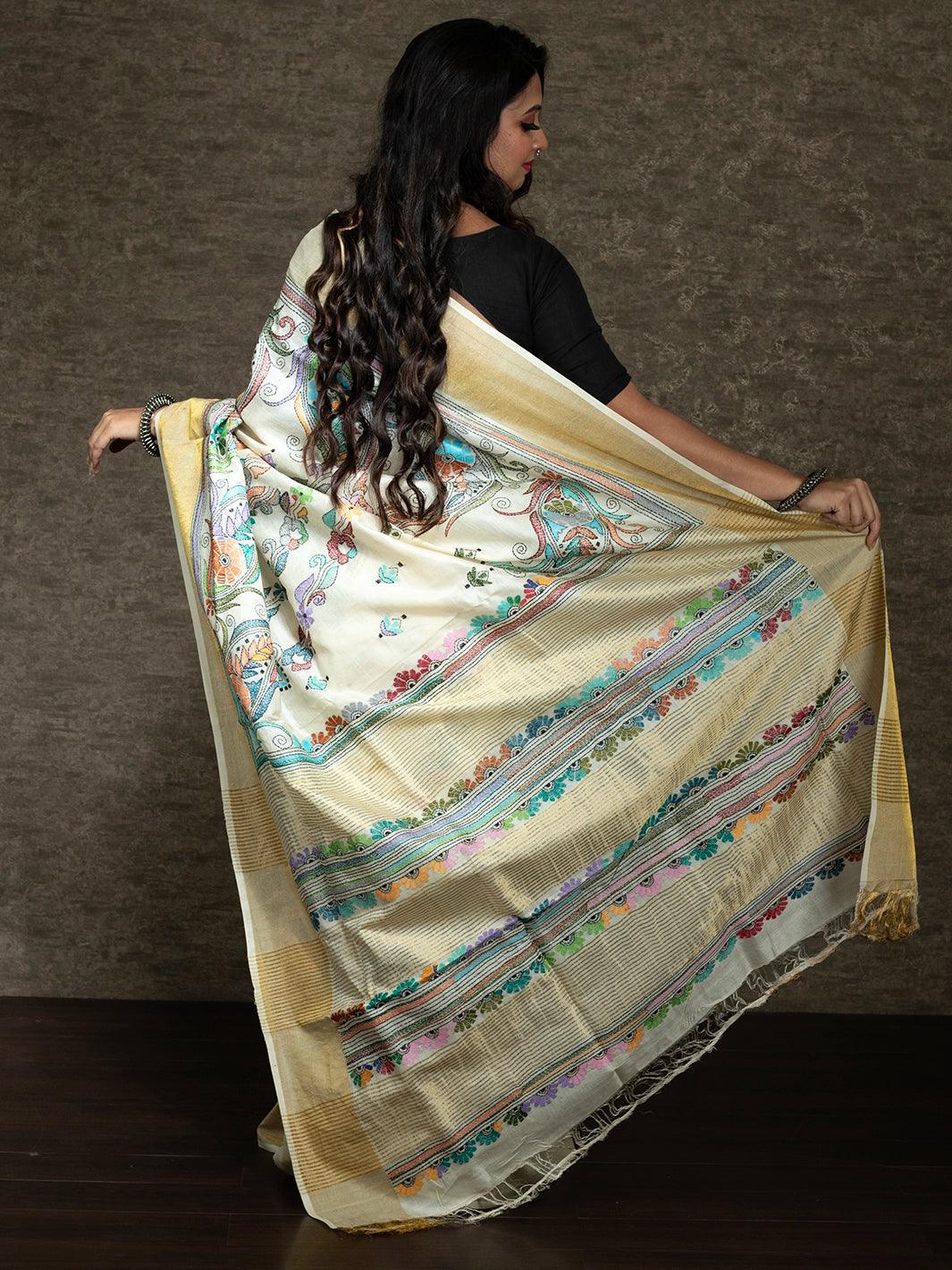 Elegant Kantha Stitch Tussar Silk Saree - WeaversIndia