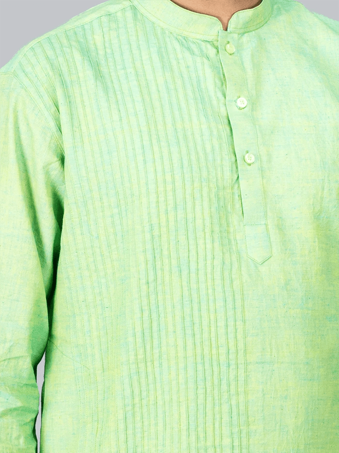 Green Yellow Handwoven Organic Cotton Pintuck Men kurta