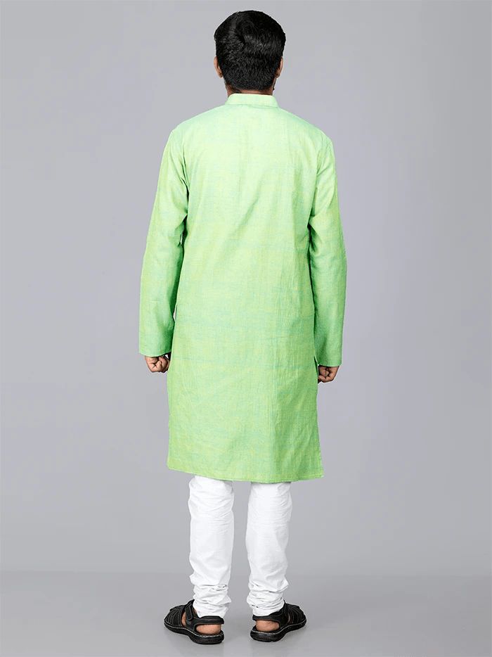 Green Yellow Handwoven Organic Cotton Pintuck Men kurta