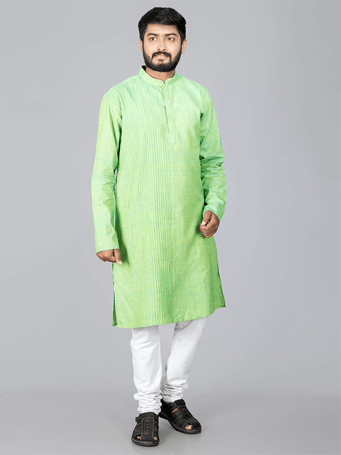 Green Yellow Handwoven Organic Cotton Pintuck Men kurta