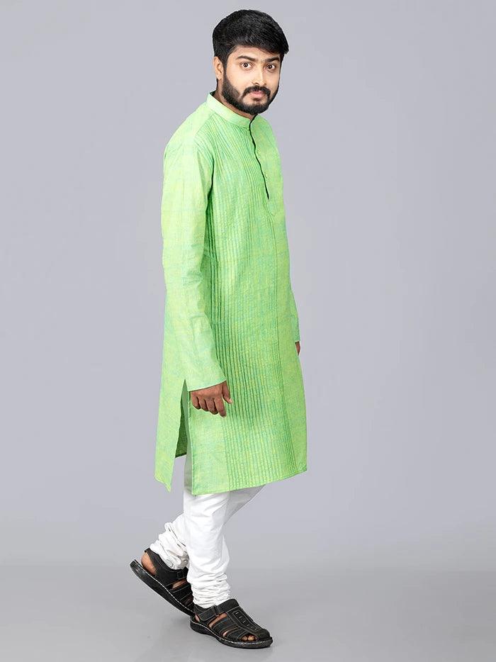 Green Yellow Handwoven Organic Cotton Pintuck Men kurta