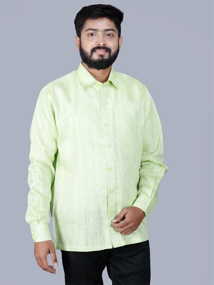 Green Solid Handwoven Linen Men Full Sleeves Shirt