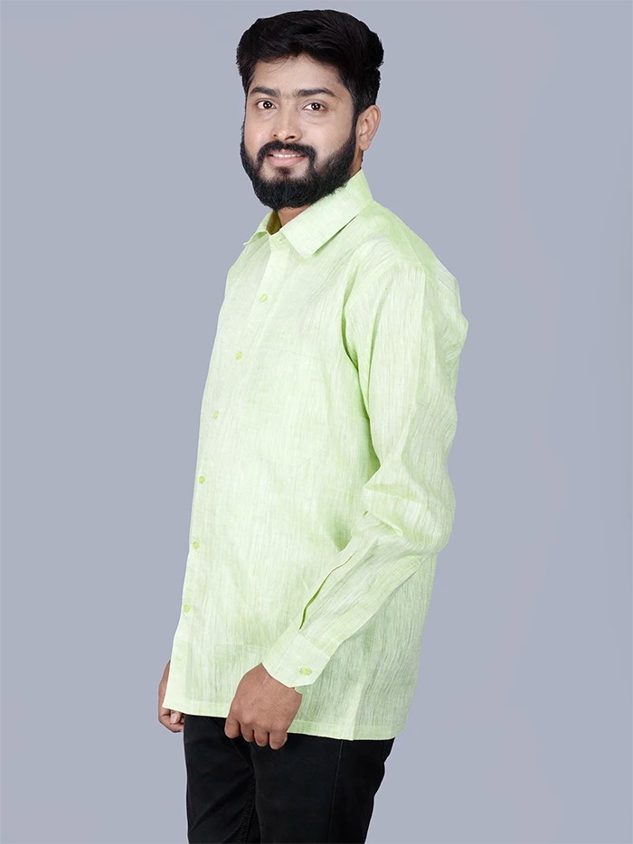 Green Solid Handwoven Linen Men Full Sleeves Shirt