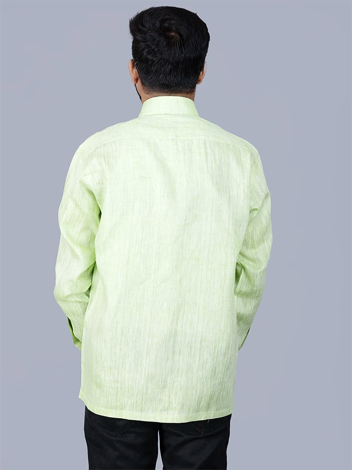 Green Solid Handwoven Linen Men Full Sleeves Shirt