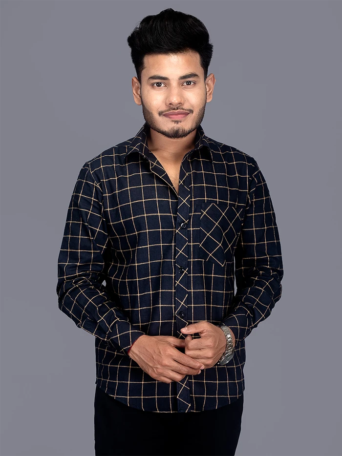 Handwoven Organic Cotton Black Checks Fitted Men Shirt