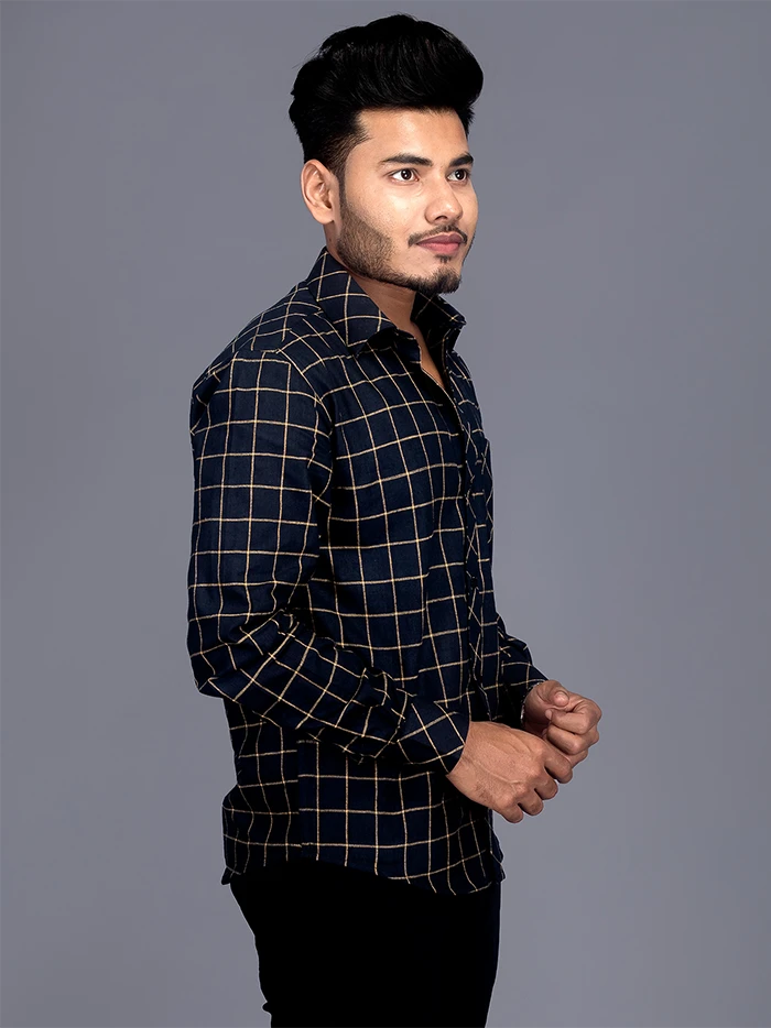 Handwoven Organic Cotton Black Checks Fitted Men Shirt