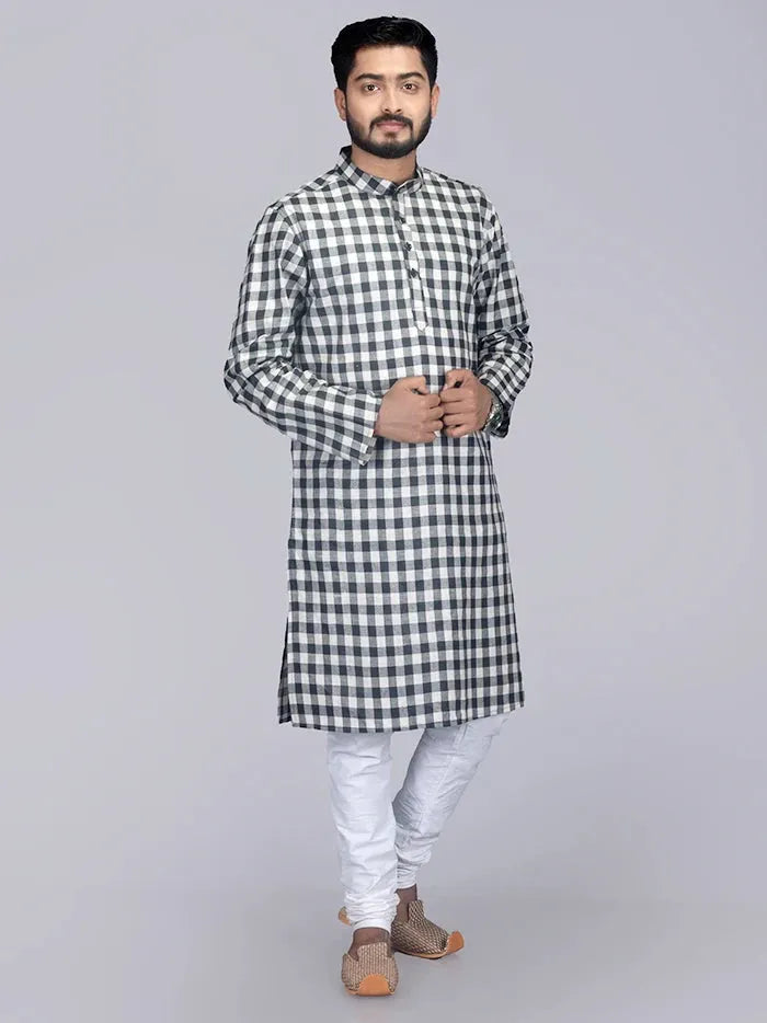 Black White Box Checks Organic Cotton Men Kurta