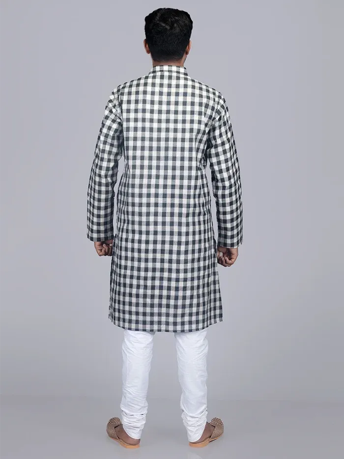 Black White Box Checks Organic Cotton Men Kurta