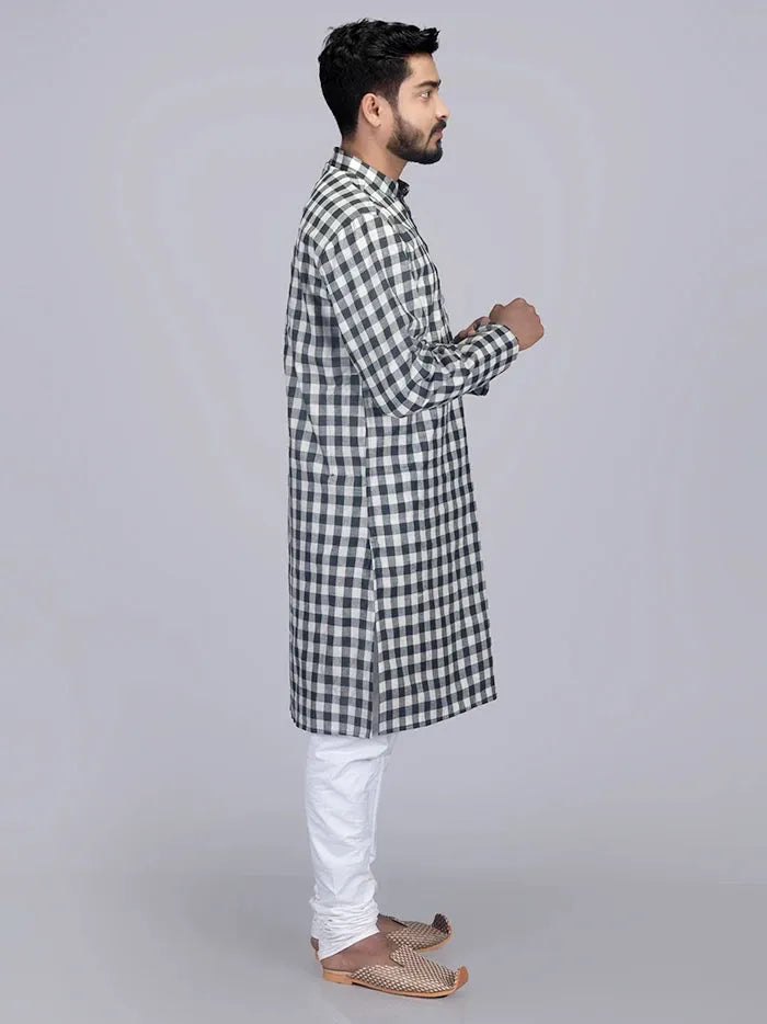 Black White Box Checks Organic Cotton Men Kurta