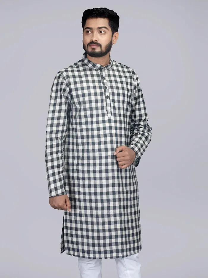 Black White Box Checks Organic Cotton Men Kurta