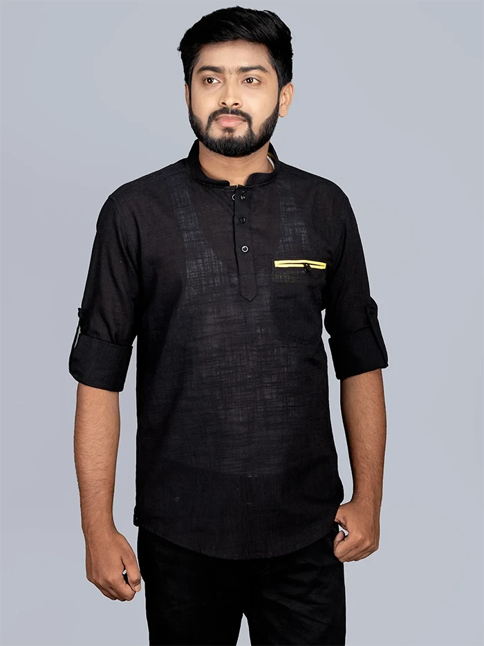 Black Handwoven Cotton Slab Men Short Kurta