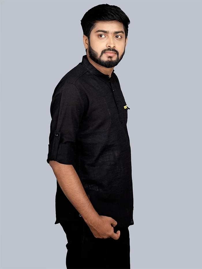 Black Handwoven Cotton Slab Men Short Kurta