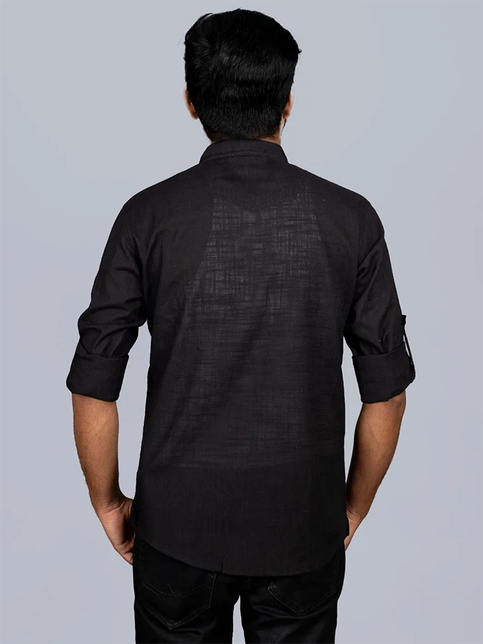 Black Handwoven Cotton Slab Men Short Kurta