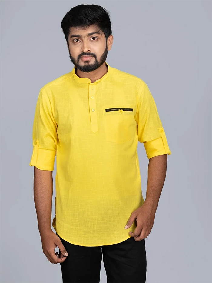 Yellow Handwoven Cotton Slab Men Short Kurta