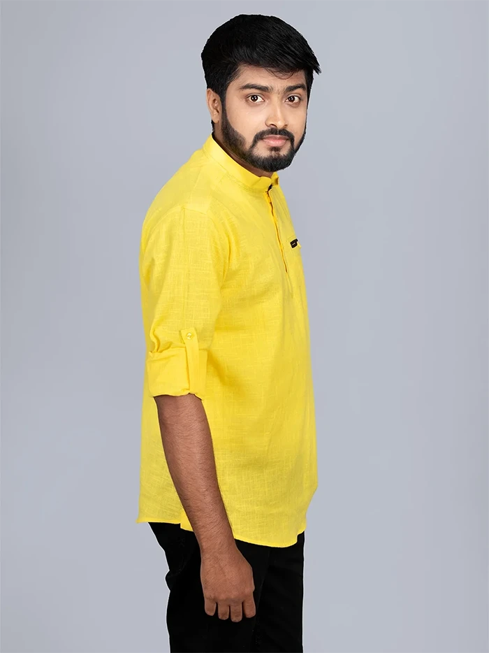 Yellow Handwoven Cotton Slab Men Short Kurta