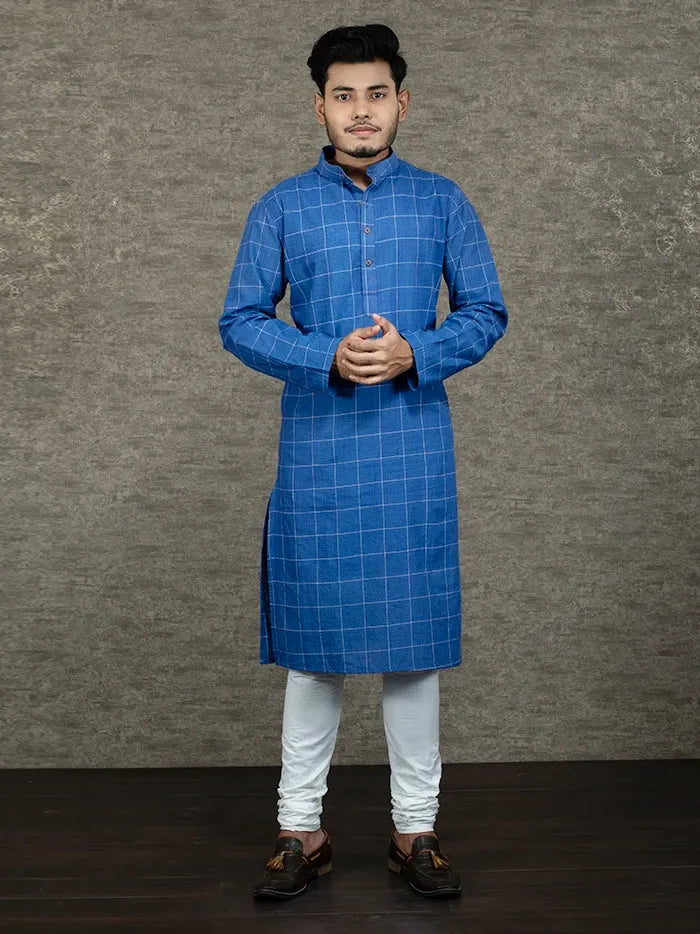 Nevy Blue Checks Comfort Fit Organic Cotton Men Kurta