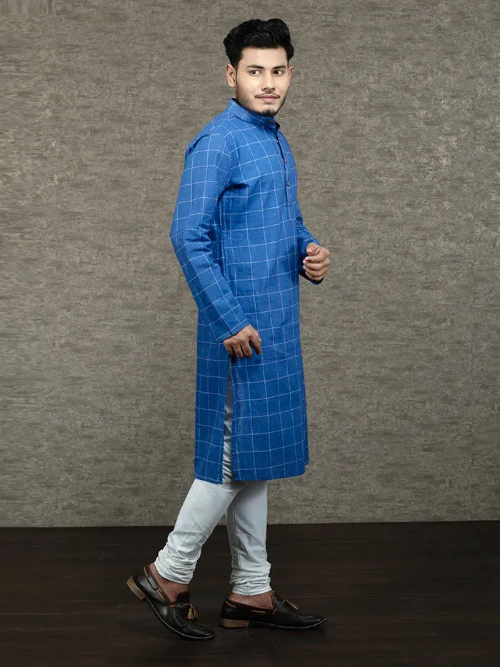 Nevy Blue Checks Comfort Fit Organic Cotton Men Kurta