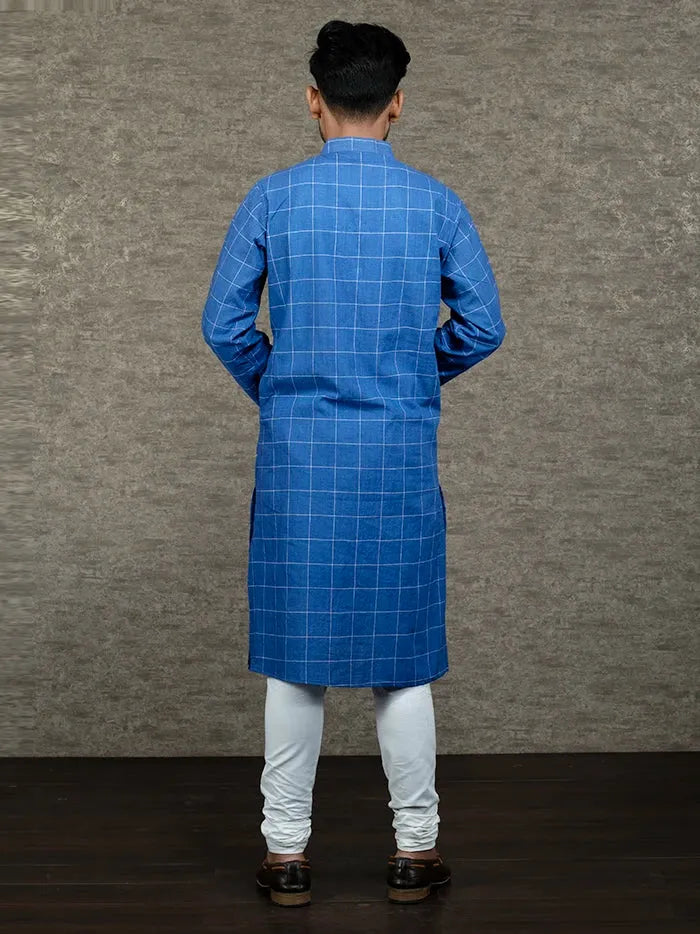 Nevy Blue Checks Comfort Fit Organic Cotton Men Kurta