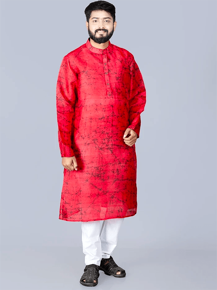 Red Batik Printed Pure Silk Men Kurta