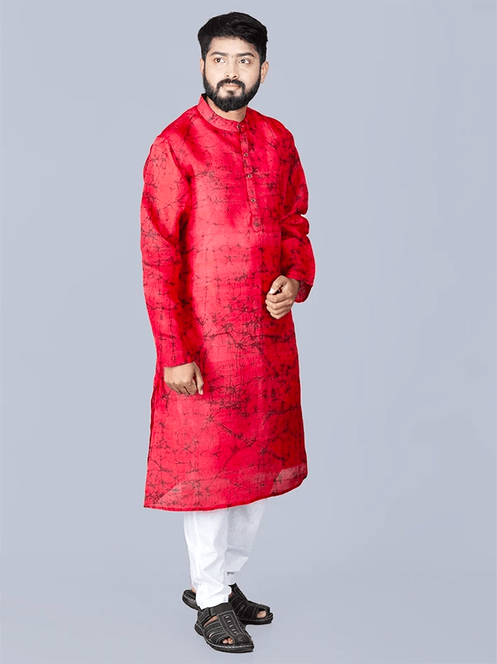 Red Batik Printed Pure Silk Men Kurta