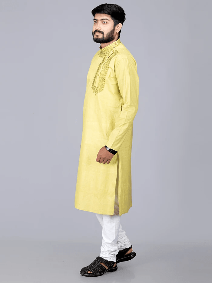 Olive Handwoven Organic Cotton Embroidered Men Kurta