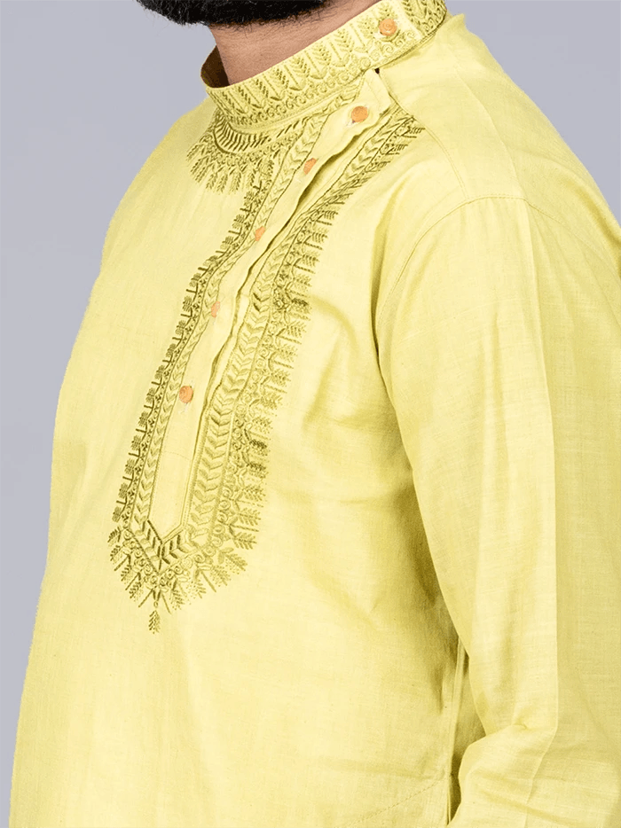 Olive Handwoven Organic Cotton Embroidered Men Kurta