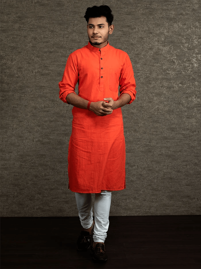 Red Orange Handwoven Cotton Muslin Slim Fit Men Kurta