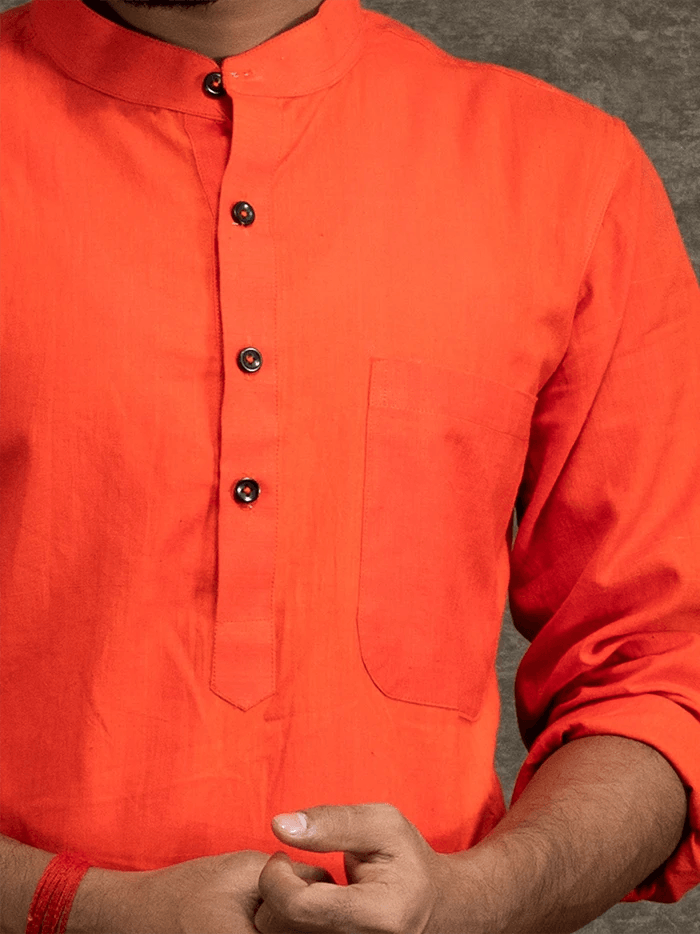 Red Orange Handwoven Cotton Muslin Slim Fit Men Kurta