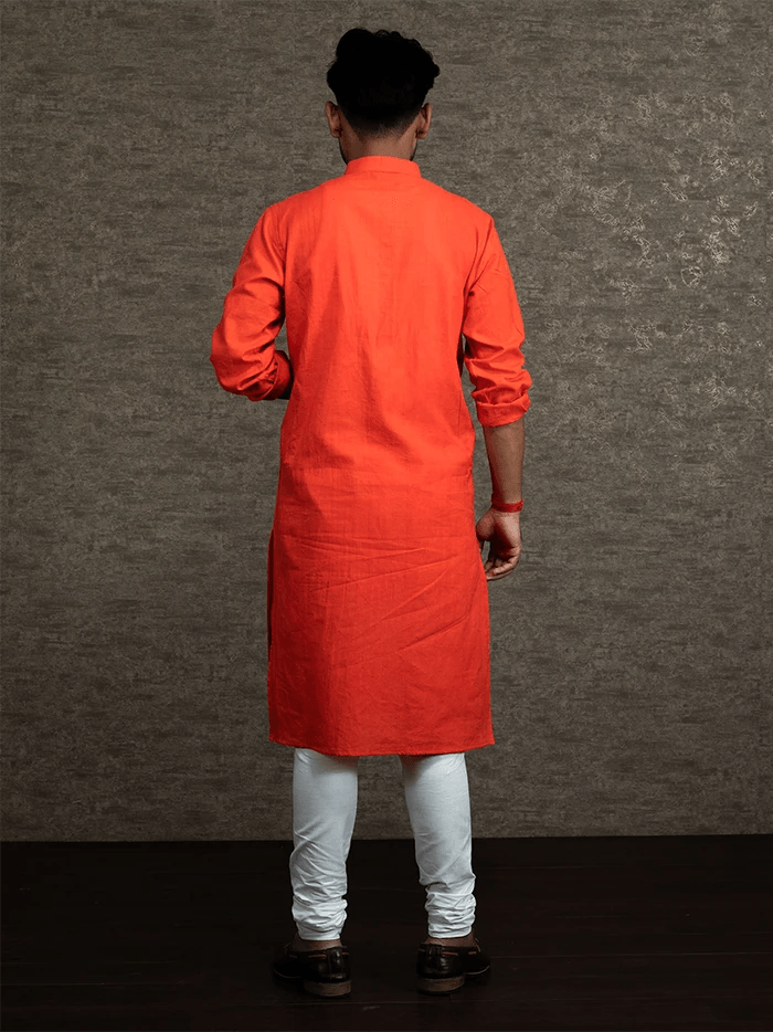 Red Orange Handwoven Cotton Muslin Slim Fit Men Kurta