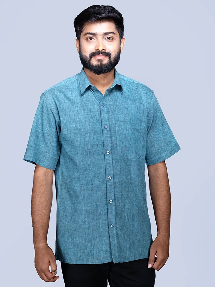 Sky Blue Black Dual Tone Handwoven Organic Cotton Formal Men Shirt