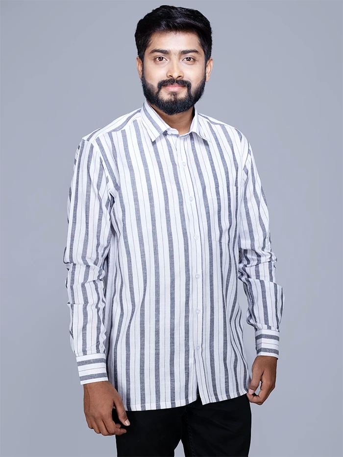 White Black Striped Handwoven Cotton Men Full Sleeves Shirt