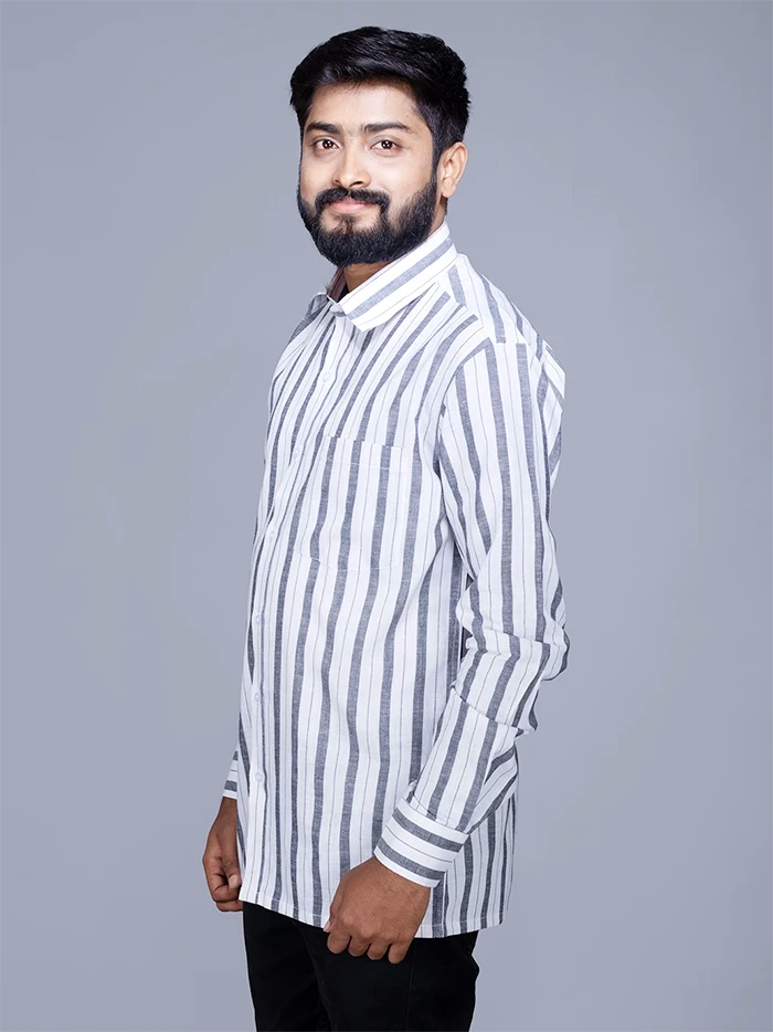 White Black Striped Handwoven Cotton Men Full Sleeves Shirt