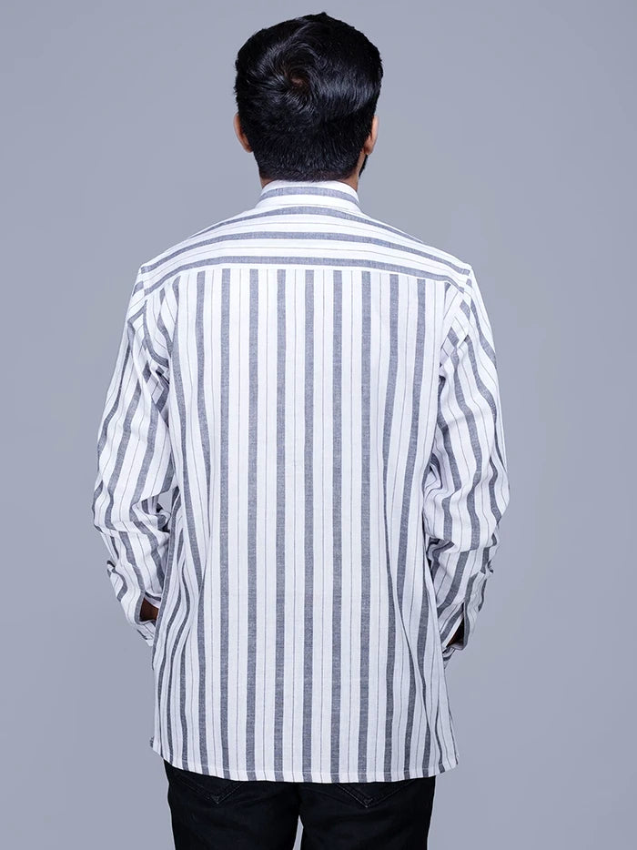 White Black Striped Handwoven Cotton Men Full Sleeves Shirt