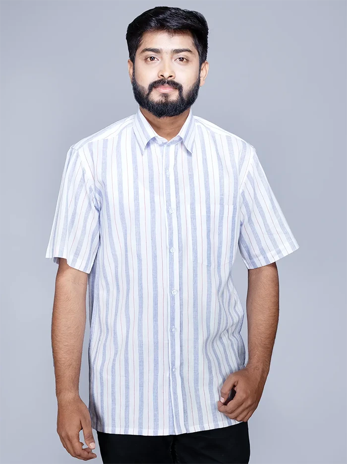 White Blue Handwoven Organic Cotton Striped Men Shirt