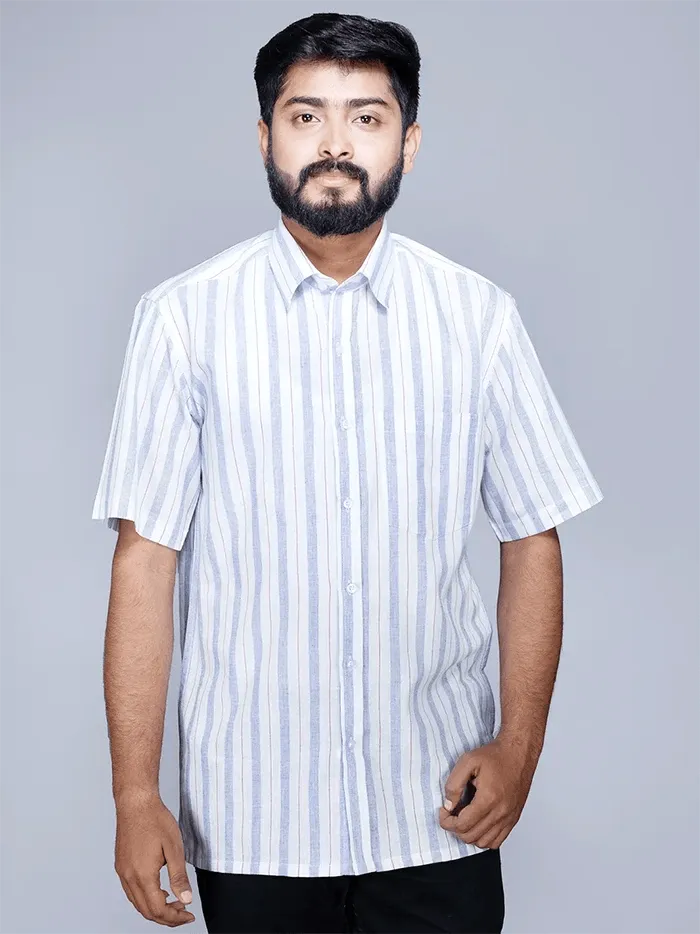 White Blue Handwoven Organic Cotton Striped Men Shirt