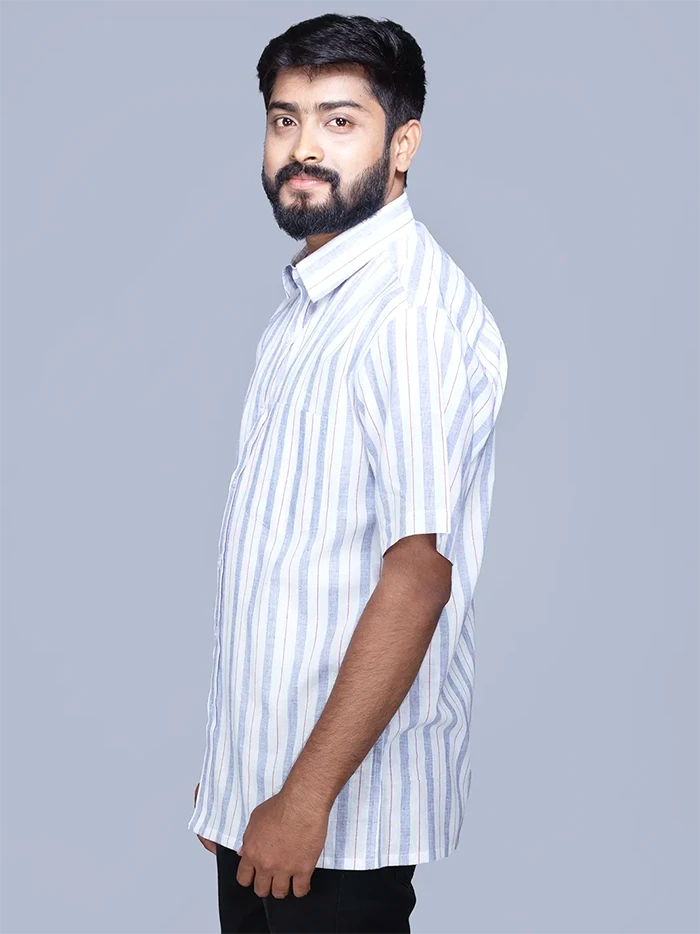 White Blue Handwoven Organic Cotton Striped Men Shirt