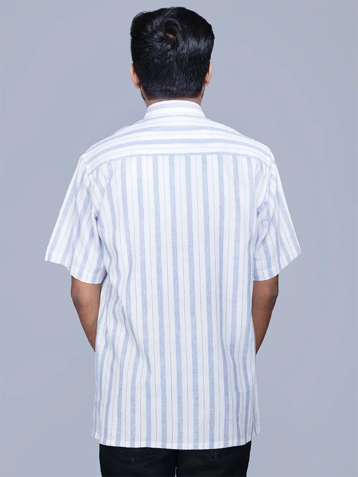 White Blue Handwoven Organic Cotton Striped Men Shirt