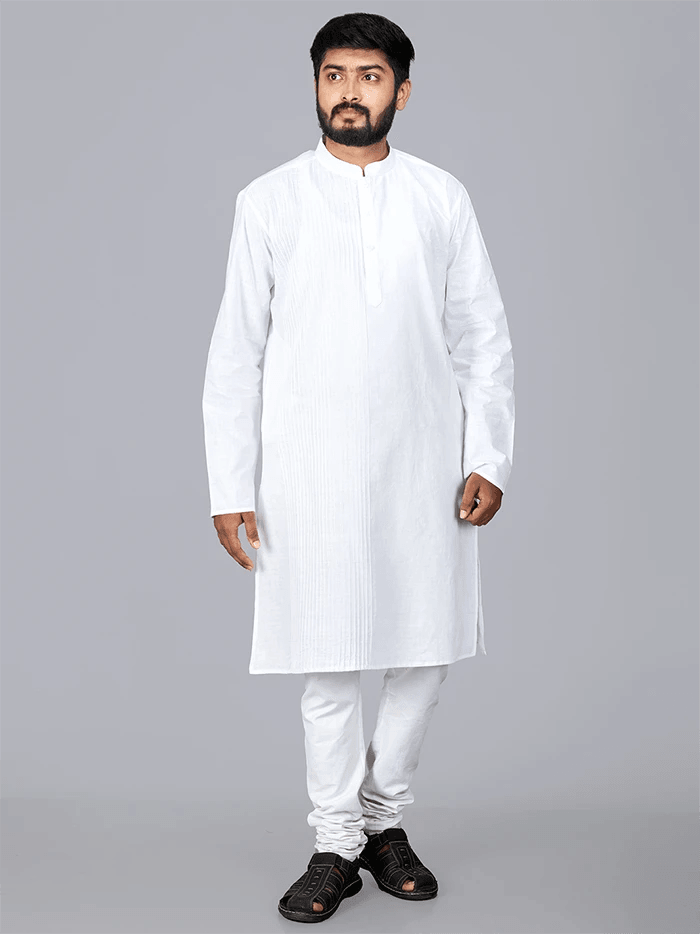 White Handwoven Organic Cotton Pintucks Men kurta