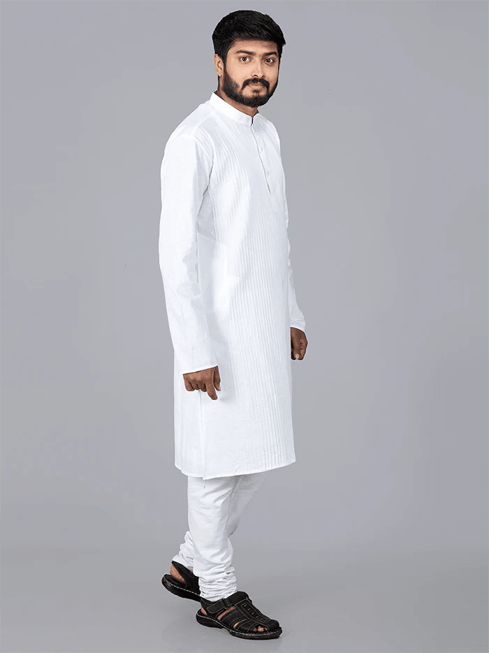 White Handwoven Organic Cotton Pintucks Men kurta