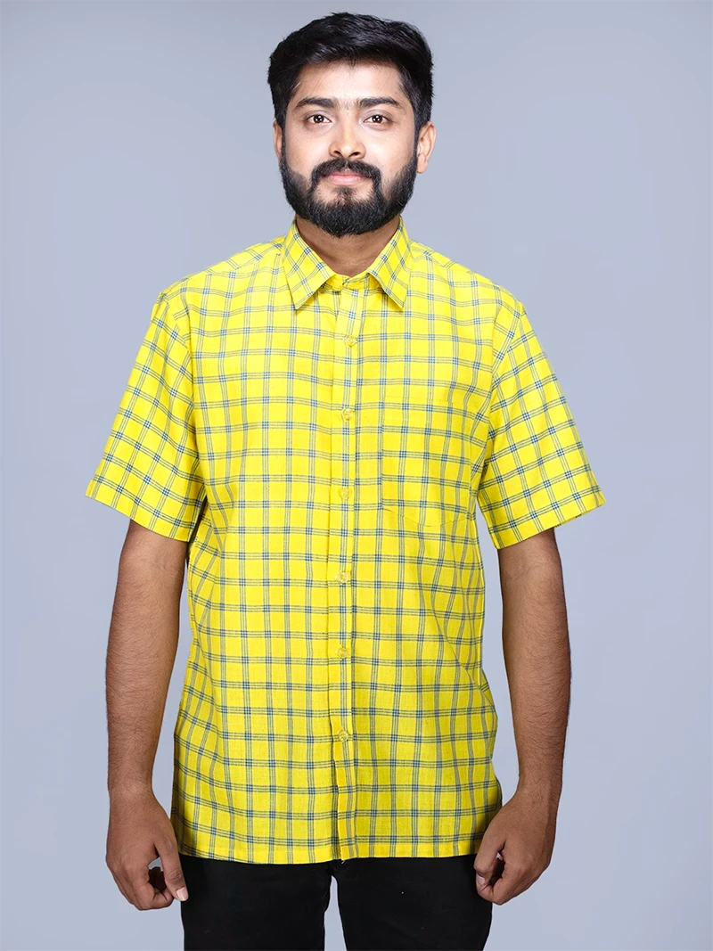 Yellow Handwoven Organic Cotton Checks Fitted Men Shirt