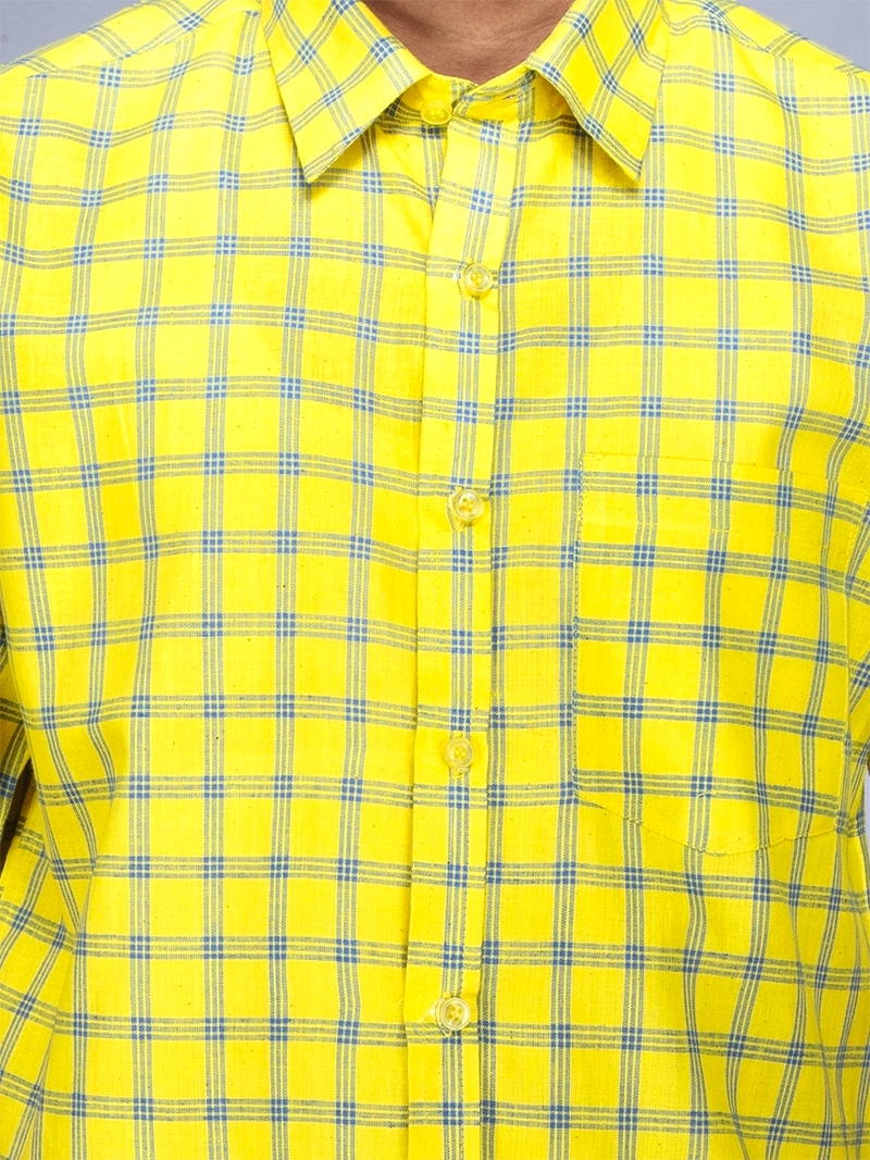 Yellow Handwoven Organic Cotton Checks Fitted Men Shirt