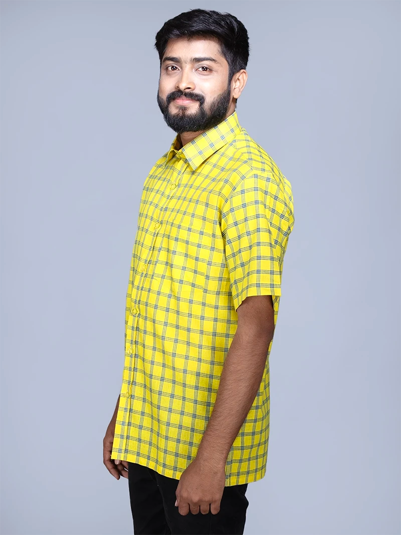 Yellow Handwoven Organic Cotton Checks Fitted Men Shirt