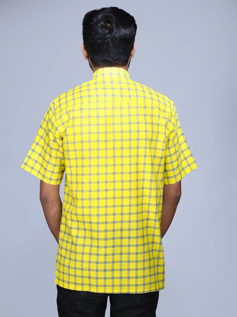 Yellow Handwoven Organic Cotton Checks Fitted Men Shirt