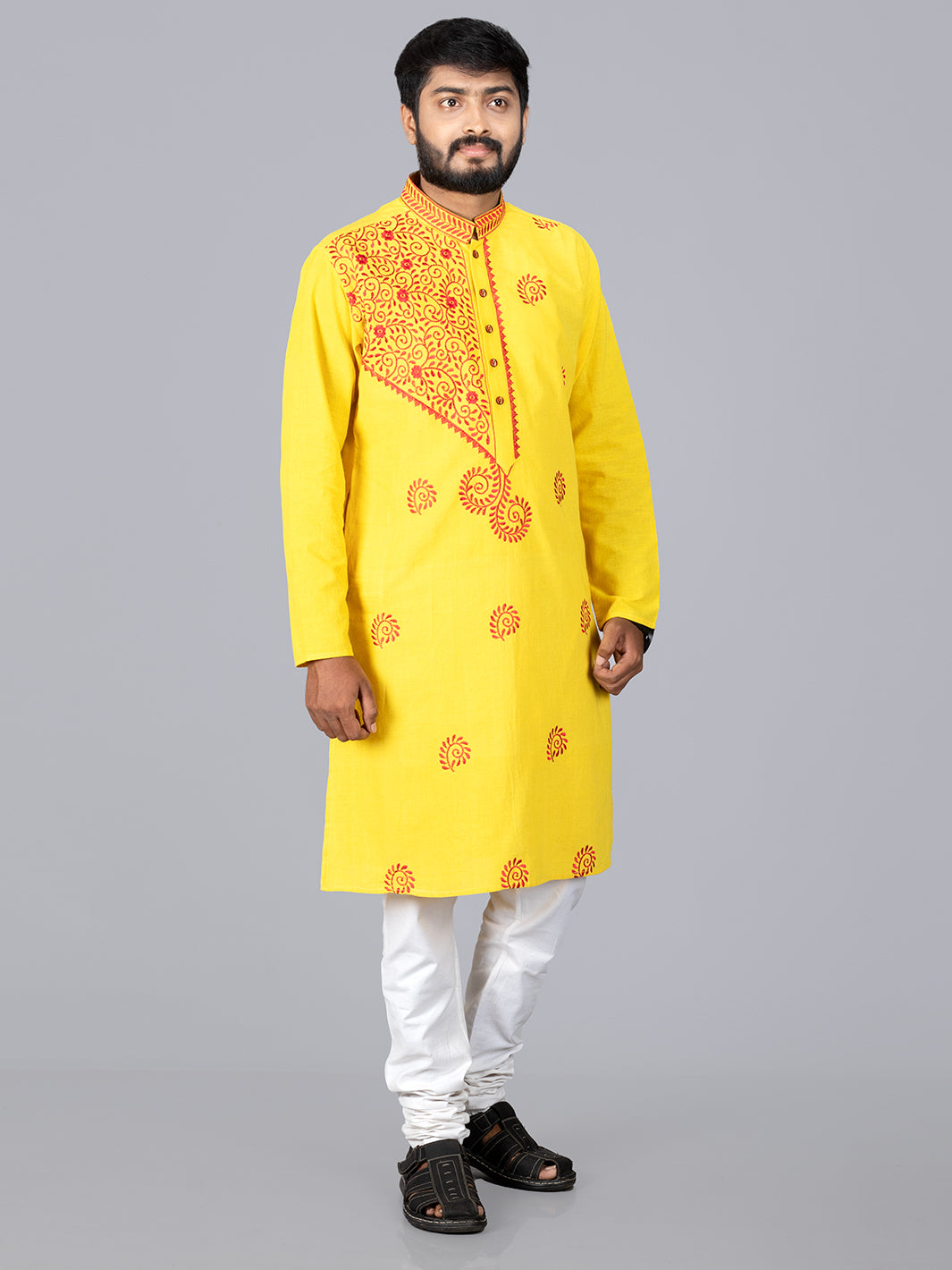 Yellow Handwoven Organic Cotton Embroidered Men Kurta