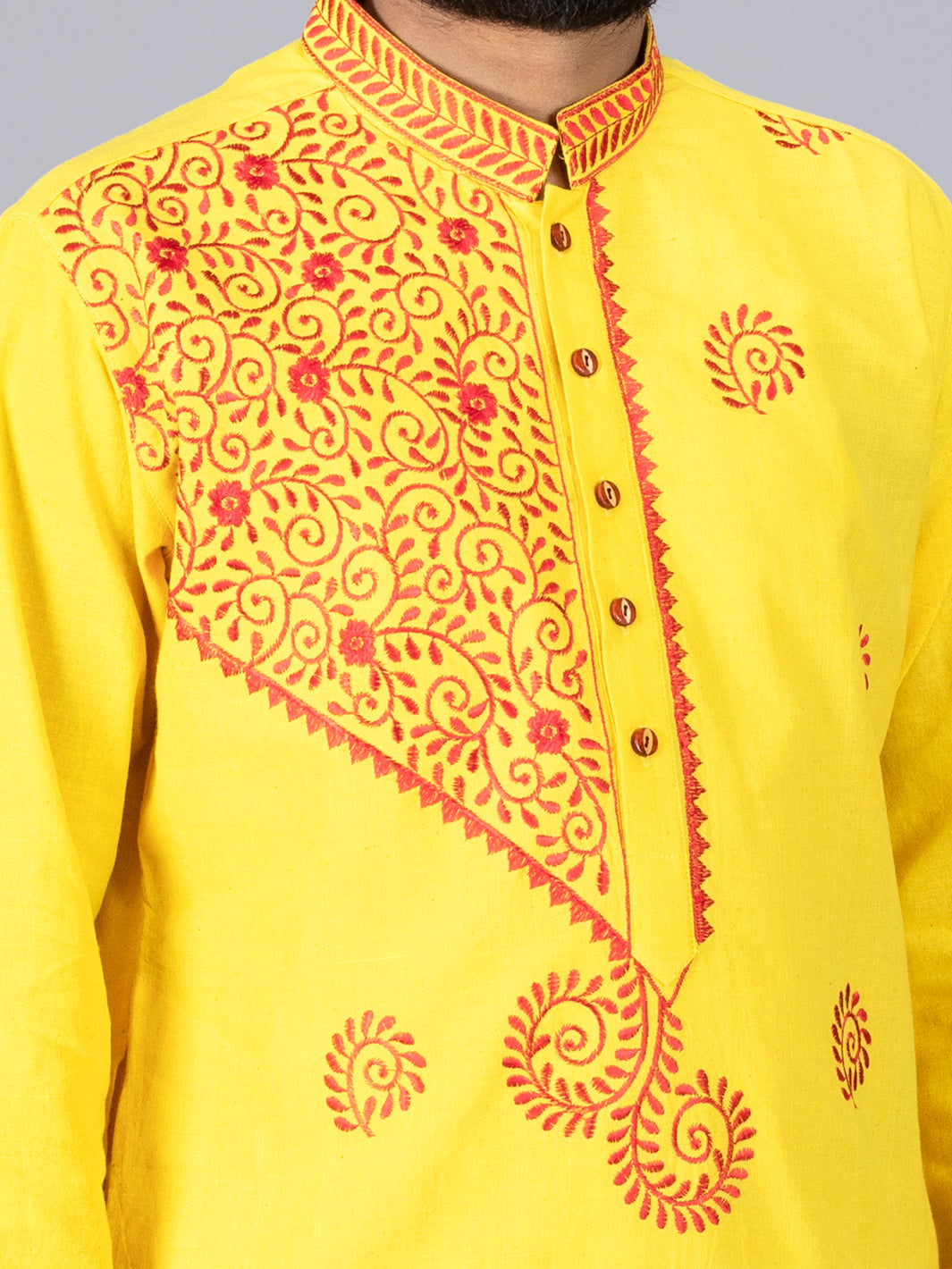 Yellow Handwoven Organic Cotton Embroidered Men Kurta