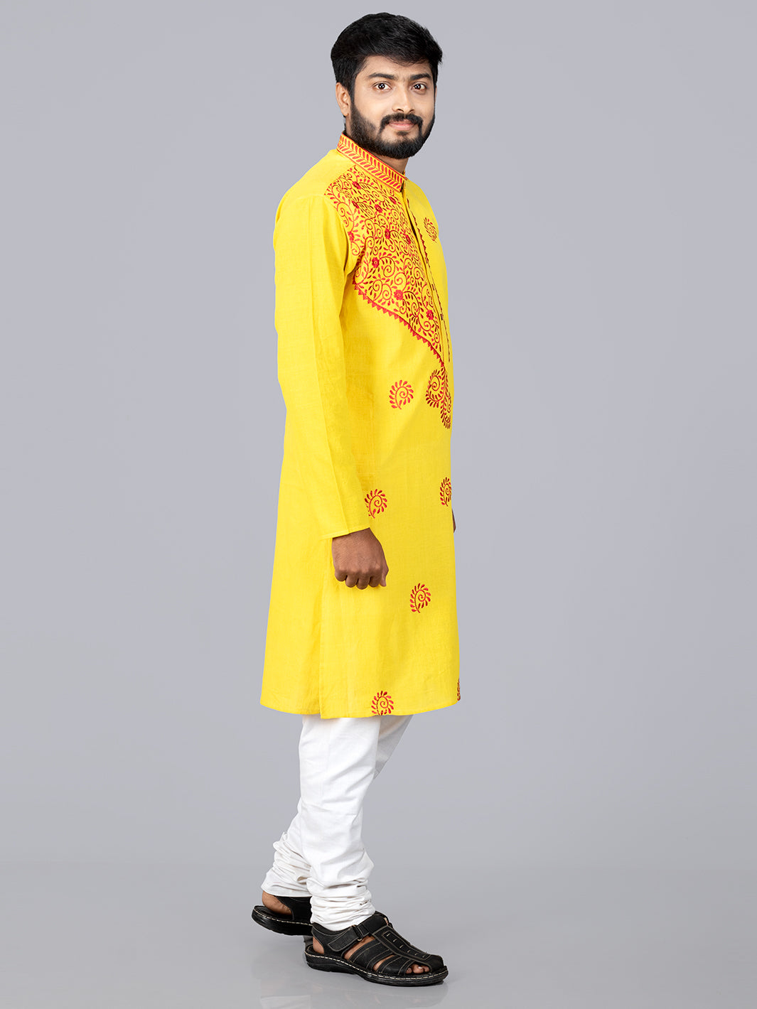 Yellow Handwoven Organic Cotton Embroidered Men Kurta