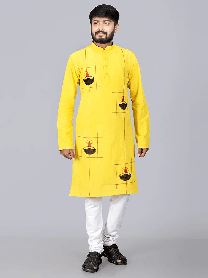 Yellow Handwoven Organic Cotton Embroidered Men Kurta